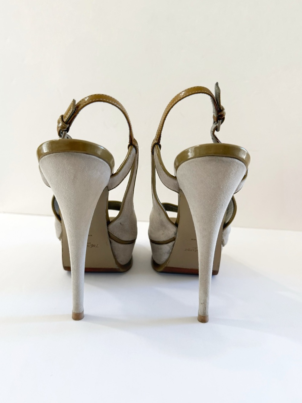 YSL YVES SAINT LAURENT GRAY SUEDE GREEN TRIM PLATFORM TRIBUTE SLINGBACK HEELS - Picture 3 of 13